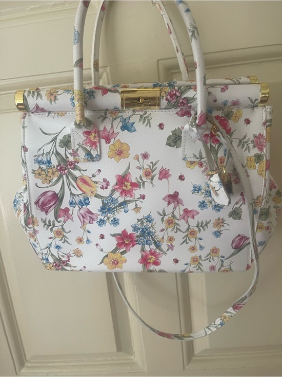 Handbags - Floral Print White leather flowers Birkin style Handbag with Gold Hardware
